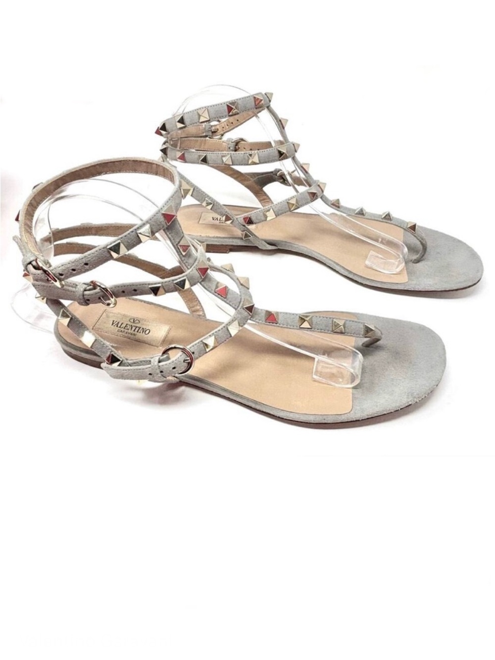 Valentino Garavani Rockstud Caged Gladiator Flat Sandals Grey Suede 40